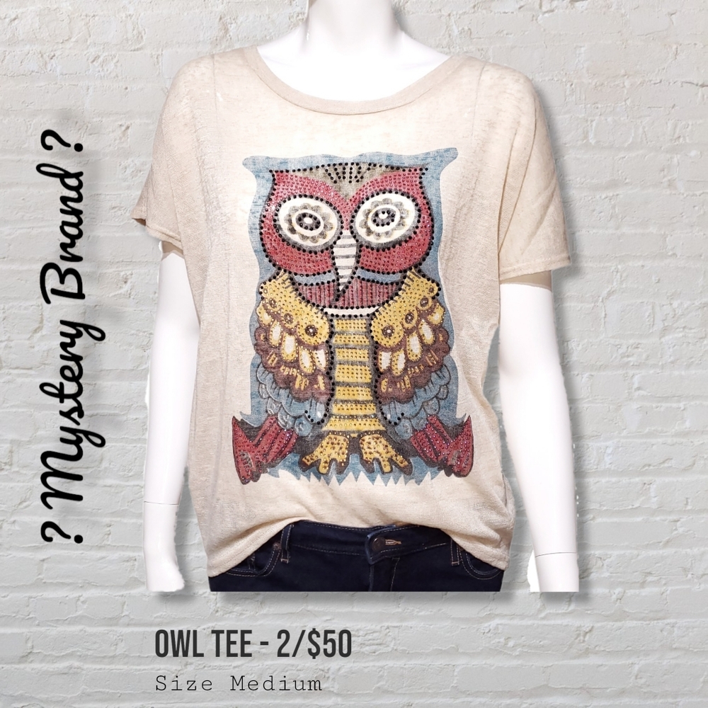 Cream Knit Owl Rhinestone Tee-Shirt Women's Medium